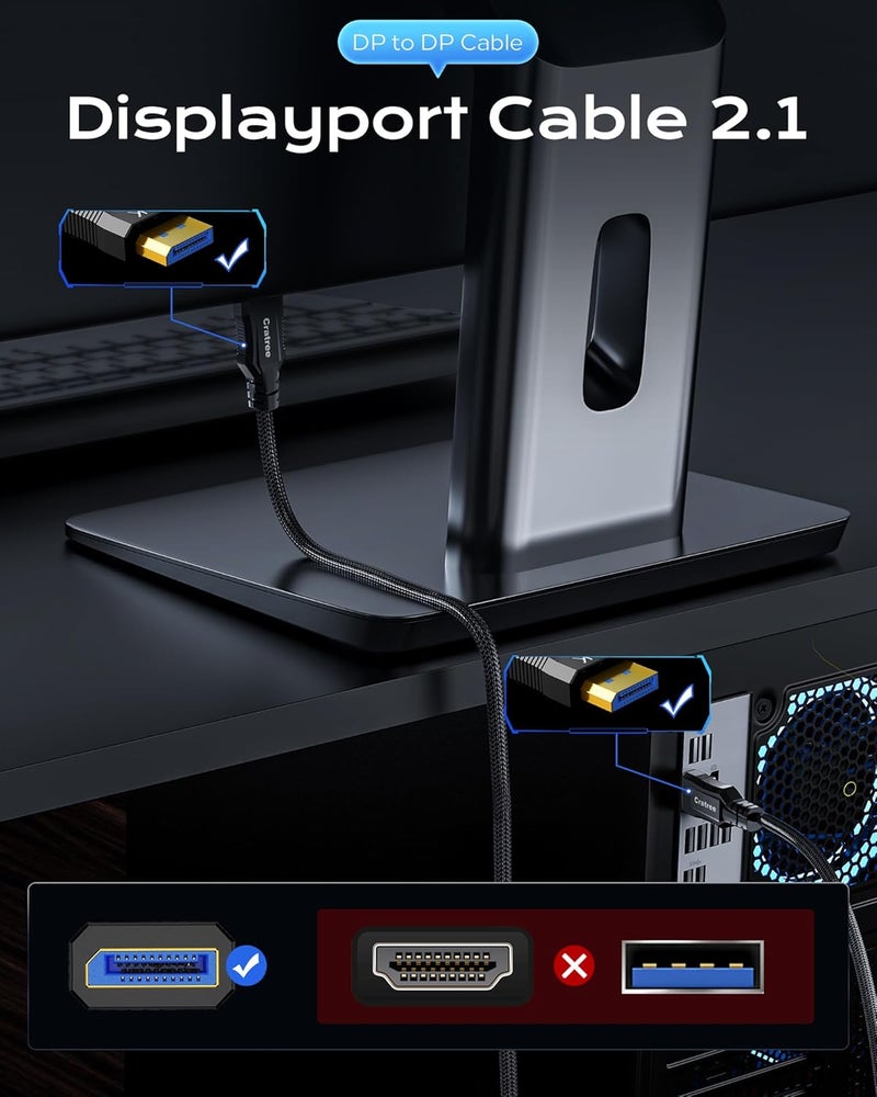 Cratree كابل DisplayPort بدقة 16K بطول 3.3 قدم/1 متر - معتمد من VESA كابل DP إلى DP مضفر - يدعم 40Gbps، 16K 30Hz، 8K 120Hz، 4K 240Hz / 165Hz / 144Hz - متوافق مع FreeSync/G-Sync/شاشة الألعاب، الكمبيوتر - Image 5